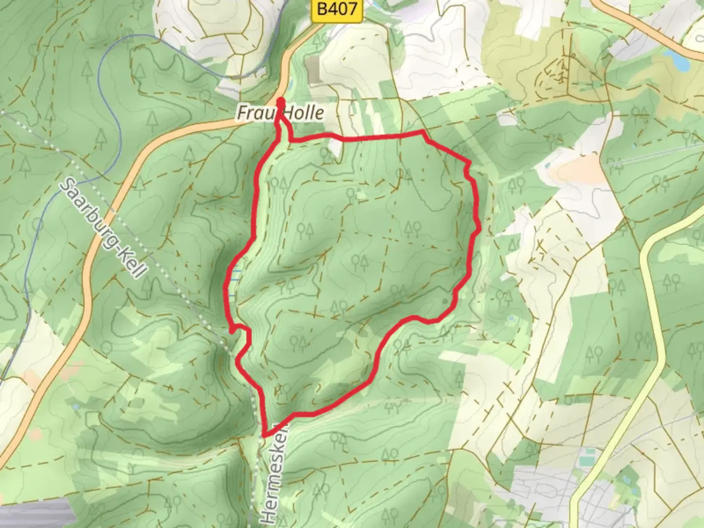 An image depicting the trail Frau Holle and Biberdamm Loop and its surrounding area.