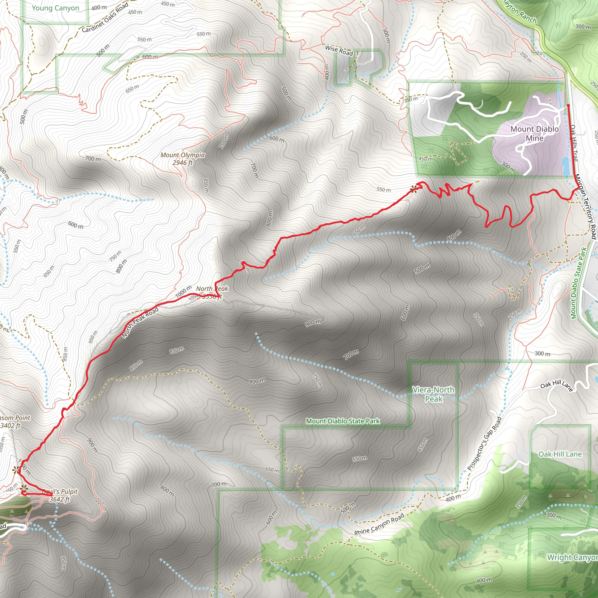 Mount Diablo and Prospectors Gap via Oak Hills Trail mobile static map