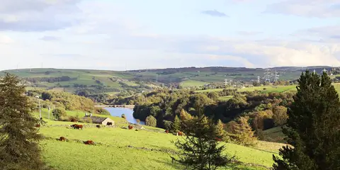An image depicting the trail Baitings Reservoir - Blackwood Edge - Dog Hill and Rishworth Moor and its surrounding area.