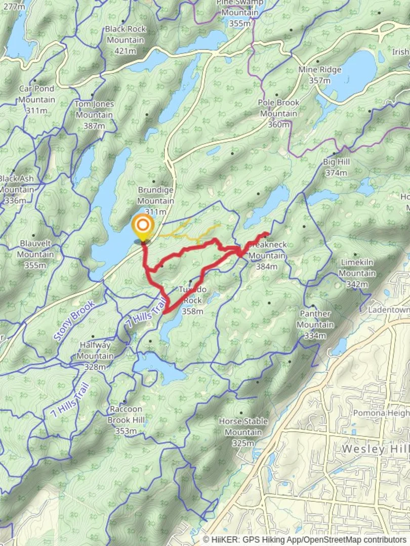 An image depicting the trail Conklin Mountain, Breakneck Mountain and Tuxedo Rock Loop Trail and its surrounding area.