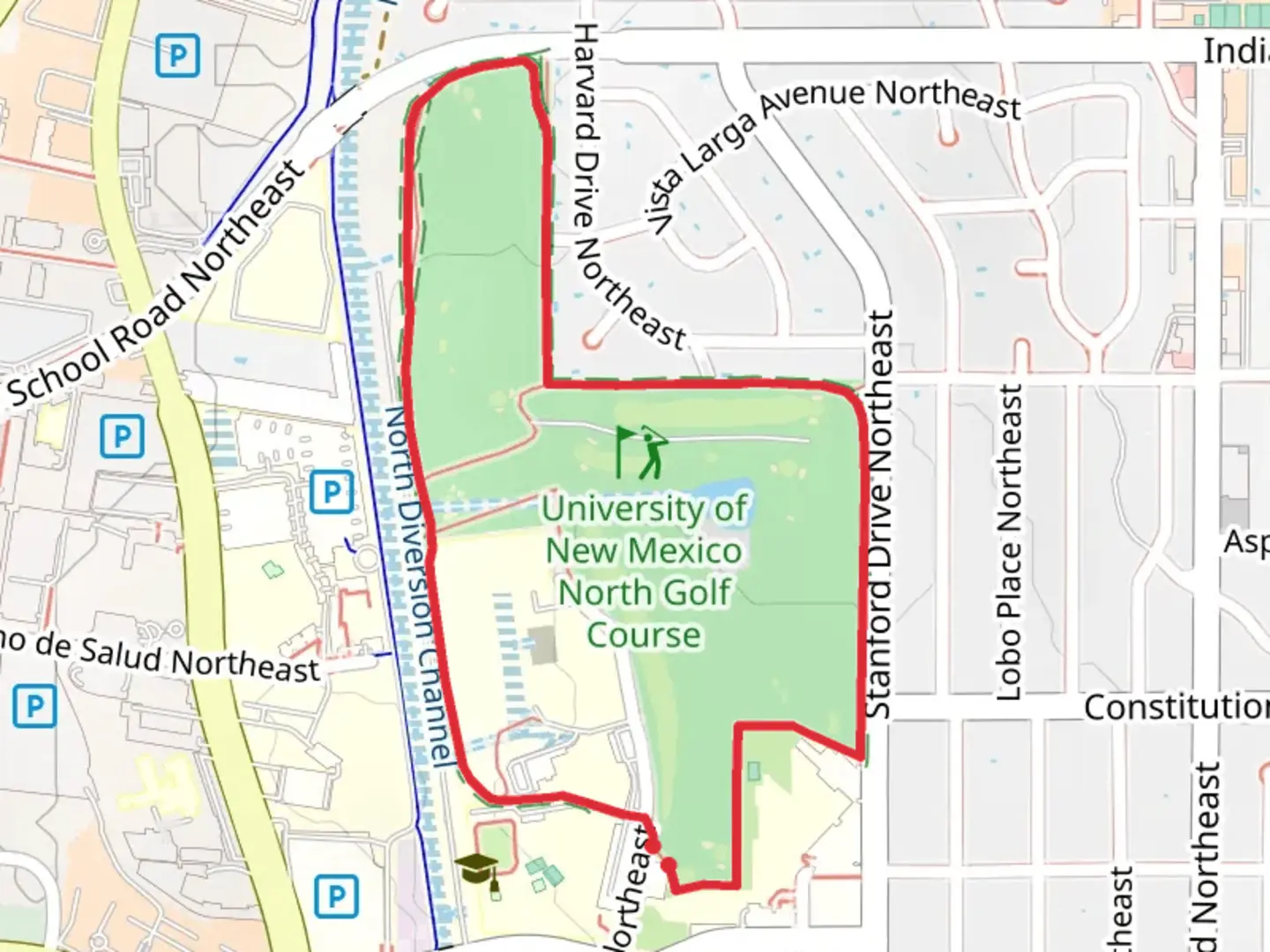 An image depicting the trail University of New Mexico North Golf Course Loop and its surrounding area.