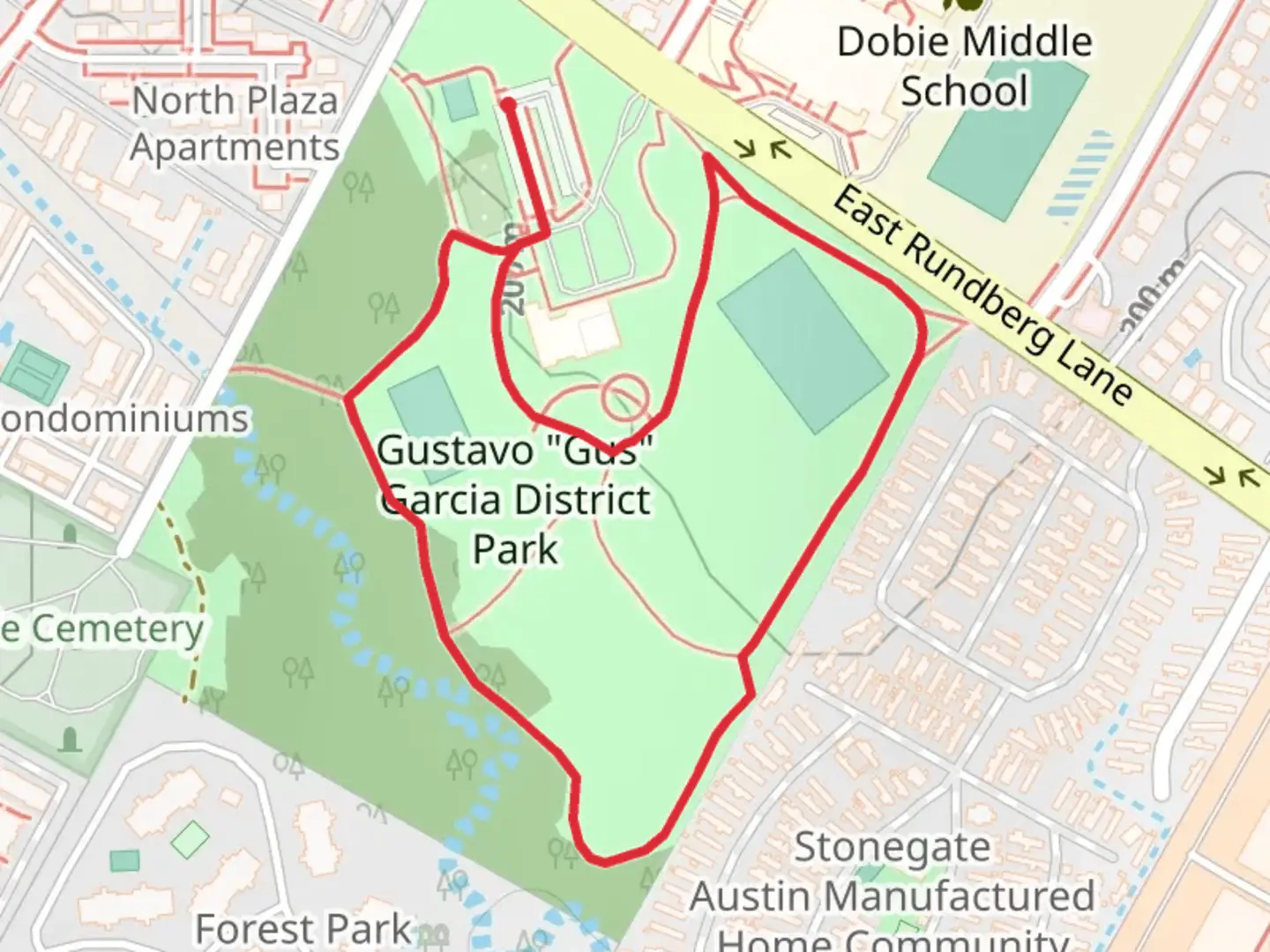 An image depicting the trail Gustavo-Gus-Garcia District Park Loop and its surrounding area.