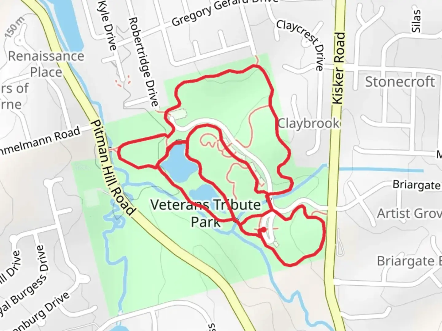 An image depicting the trail Veterans Tribute Park Loop and its surrounding area.