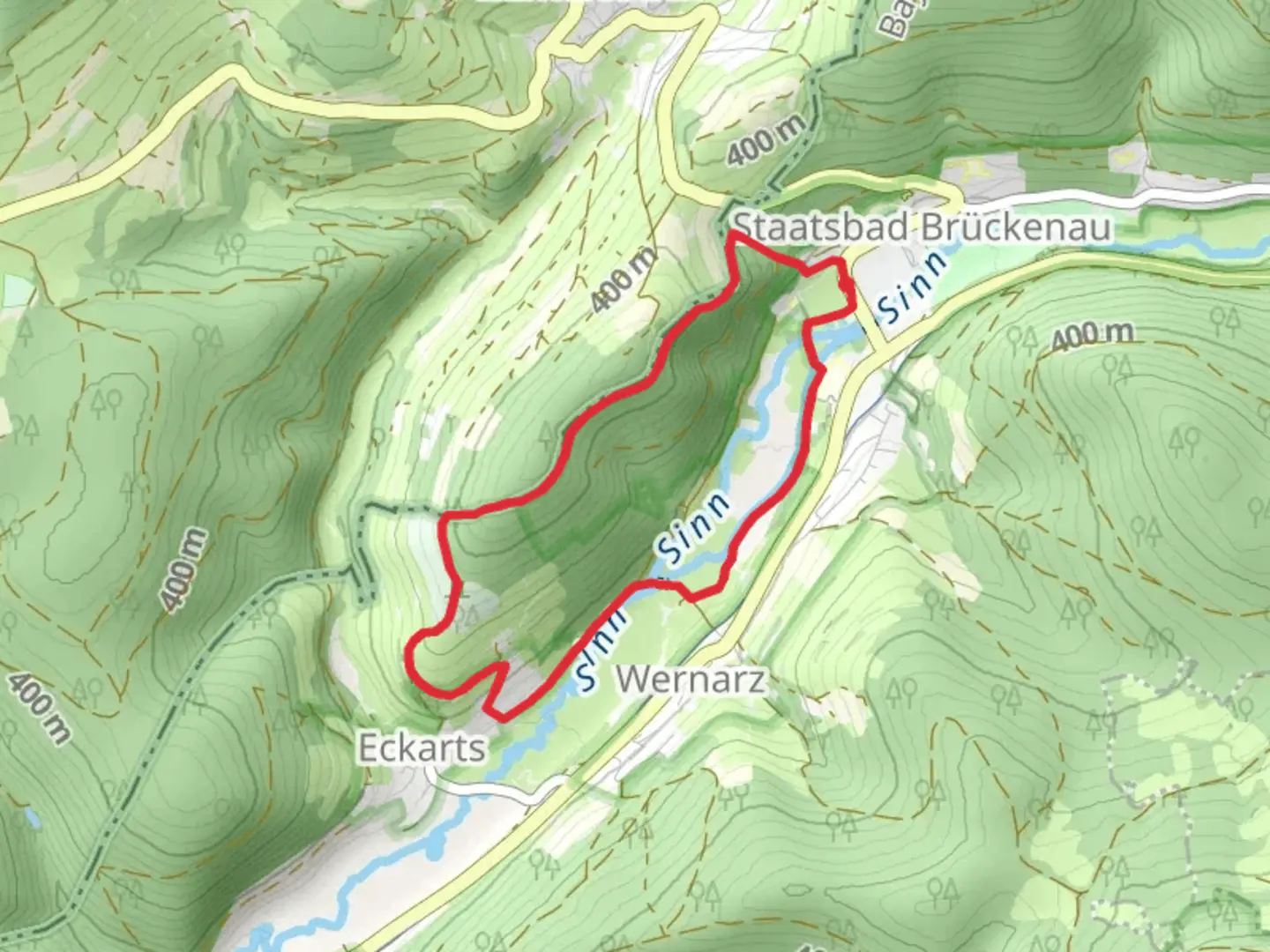 An image depicting the trail Fondsberg, Trauerwald and River Sinn Loop and its surrounding area.