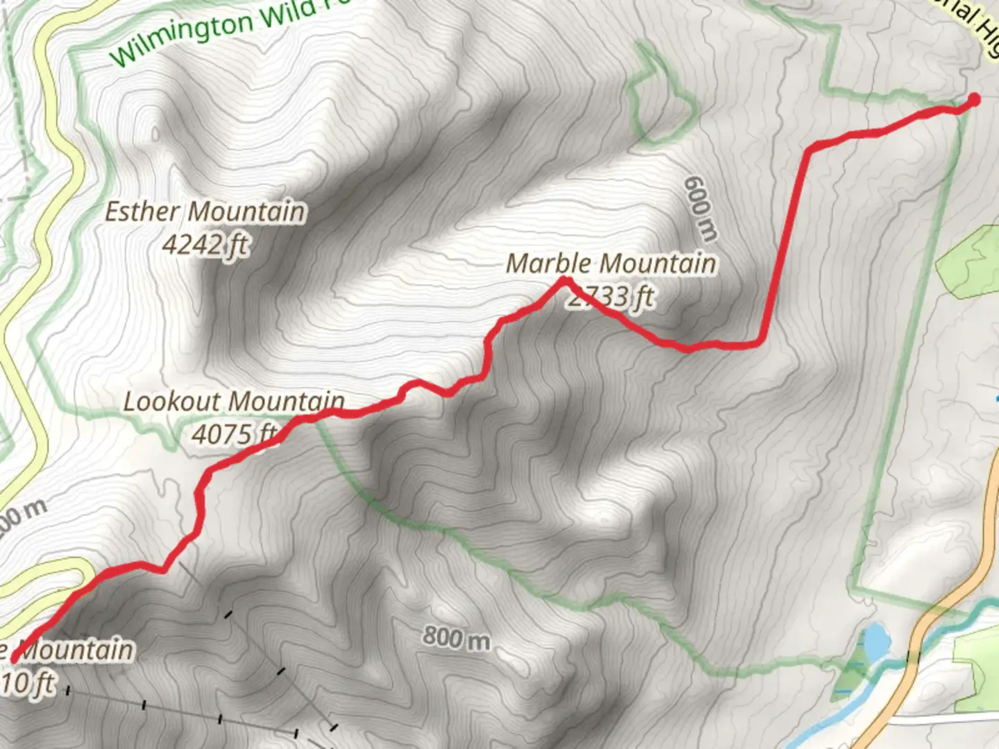 An image depicting the trail Marble, Lookout and Whiteface Mountain via Wilmington Trail and its surrounding area.