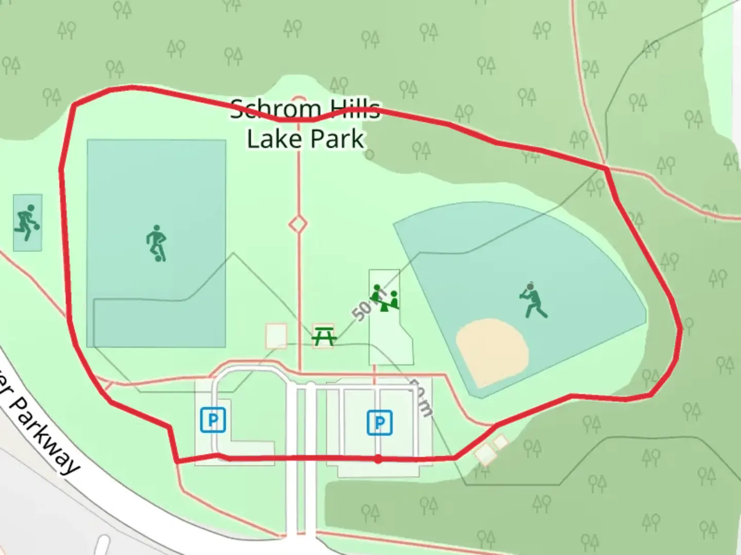 An image depicting the trail Schrom Hills Lake Park Loop and its surrounding area.