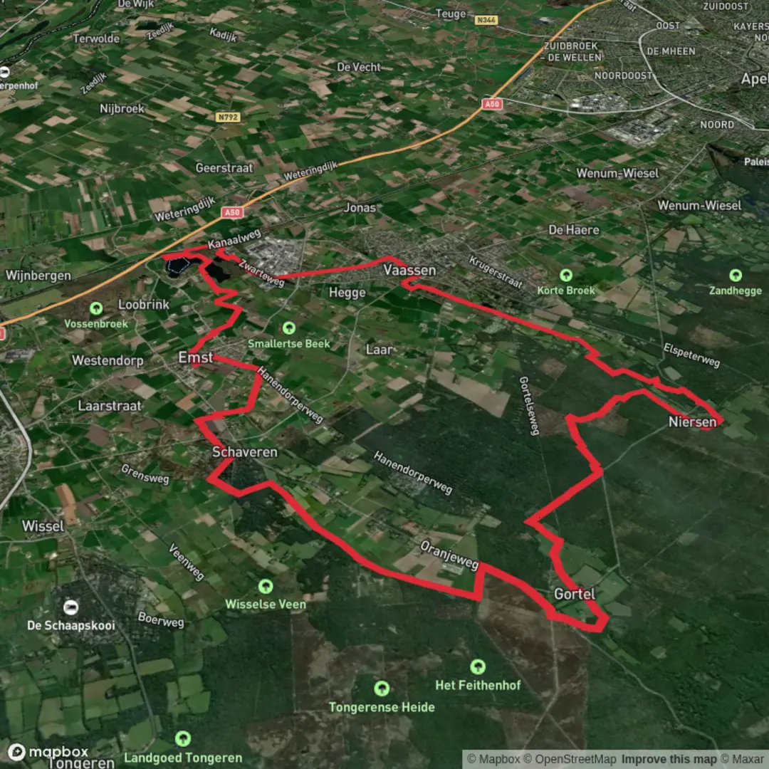 An image depicting the trail Landgoed, De Motketel and Galgenberg via Niersense Weg and Lange Weg and its surrounding area.