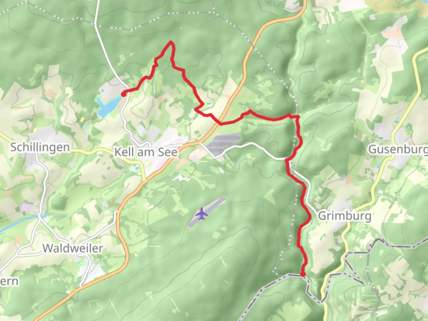An image depicting the trail Grimburger Hof to Keller Stausee and its surrounding area.