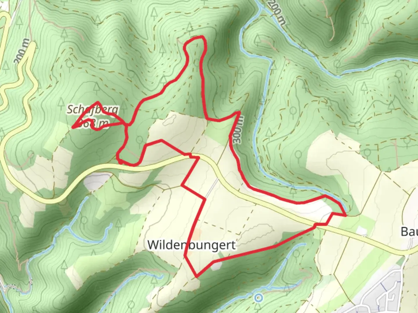 An image depicting the trail Schafberg and Wildenbungert Loop and its surrounding area.