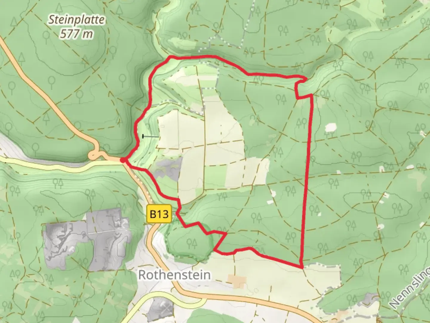 An image depicting the trail Raitenbuch Kuchentalweg and Hohllochweg and its surrounding area.
