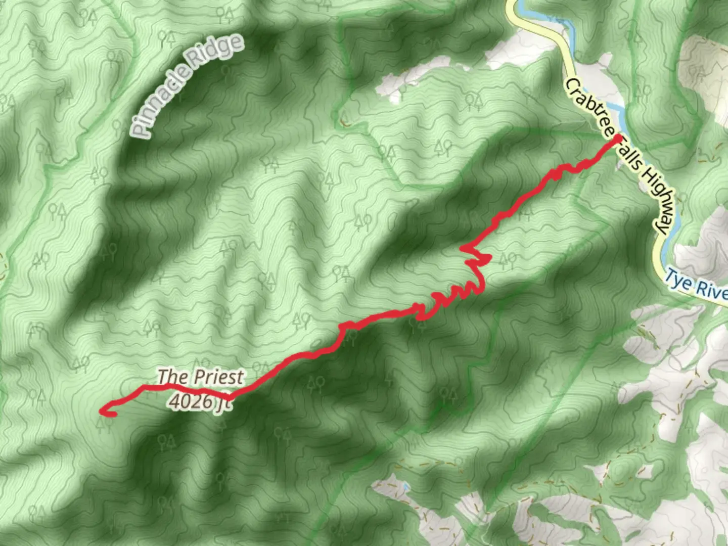 An image depicting the trail The Priest via Appalachian Trail - Crabtree Falls Highway and its surrounding area.
