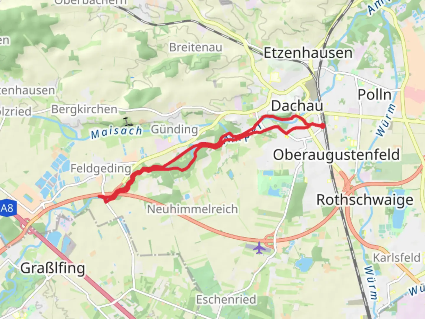 An image depicting the trail Amper via Wanderweg 1 and 2 and its surrounding area.