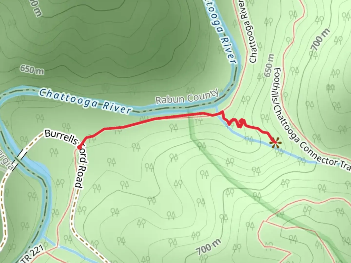 An image depicting the trail Burrells Ford Road and its surrounding area.