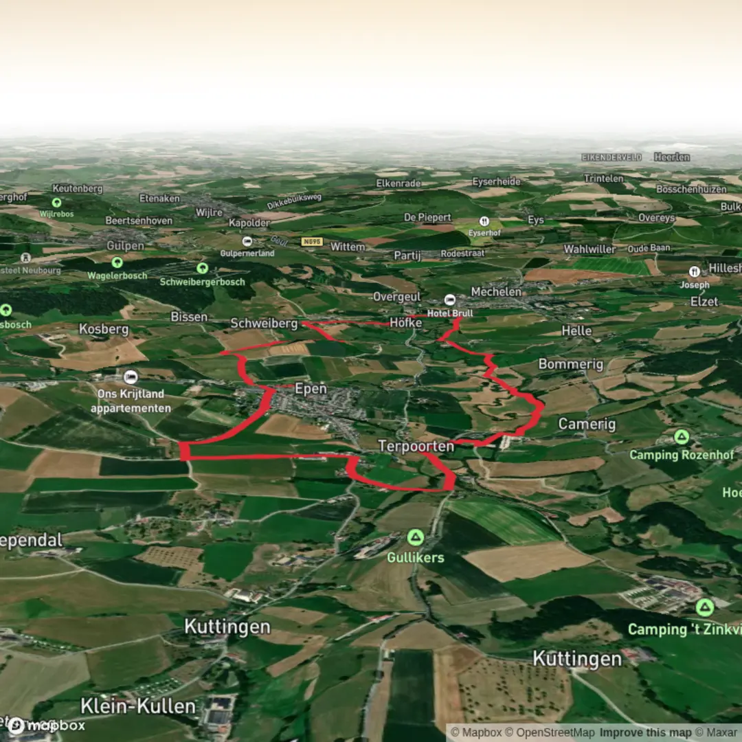 An image depicting the trail Schweiberg via Goehltal Route and Epen Bronnenland Rood Loop and its surrounding area.