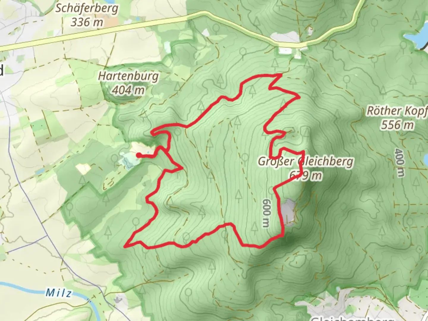 An image depicting the trail Gleichamberger Bruch and Kleiner and Großer Loop and its surrounding area.