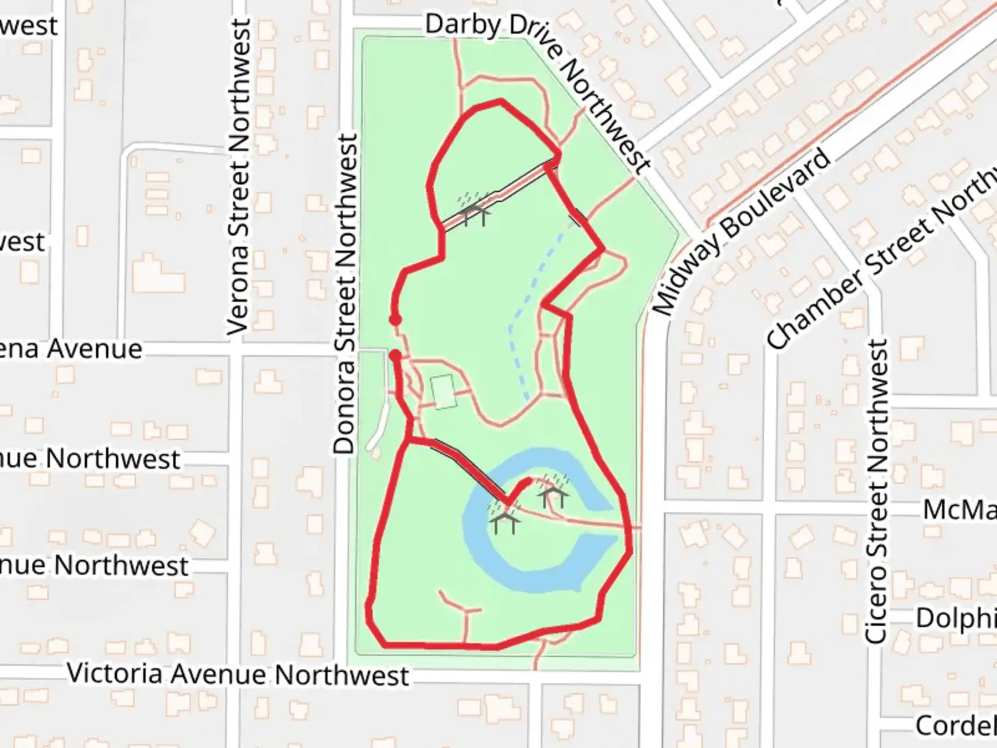 An image depicting the trail Kiwanis Lake and Park Loop and its surrounding area.