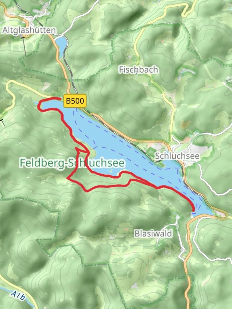 An image depicting the trail Schluchsee Shore Loop via Unterkrummenwald and its surrounding area.