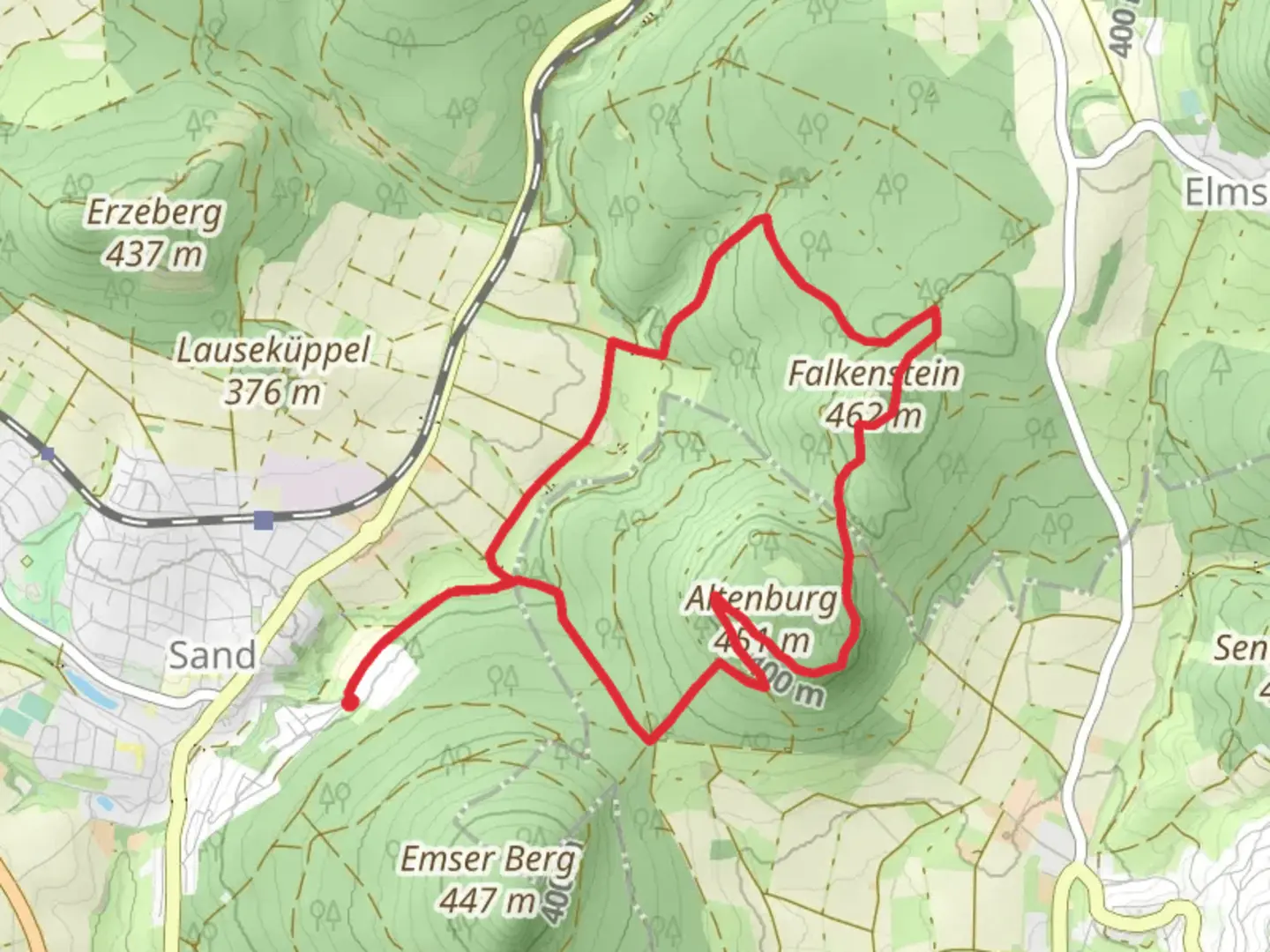 An image depicting the trail Altenburg via Schauenburg and Bad Emstal and its surrounding area.