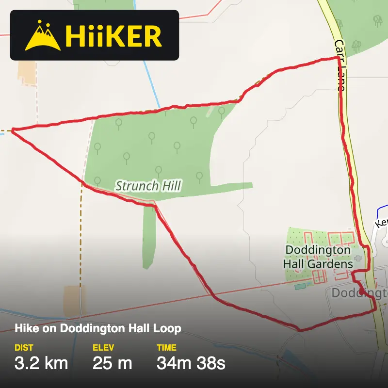 A map preview of the recording Hike on Doddington Hall Loop.