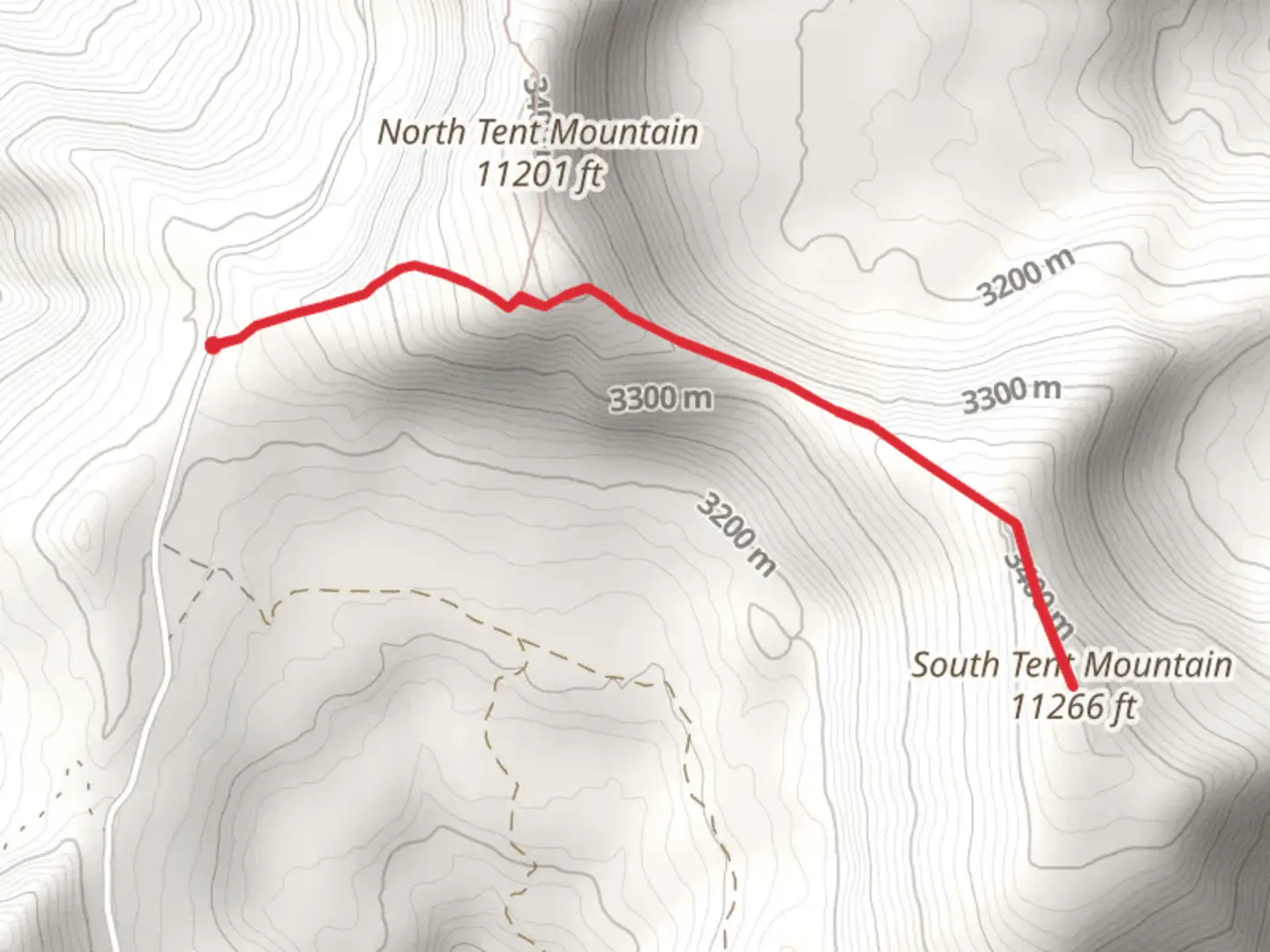 An image depicting the trail North Tent Mountain and South Tent Mountain and its surrounding area.