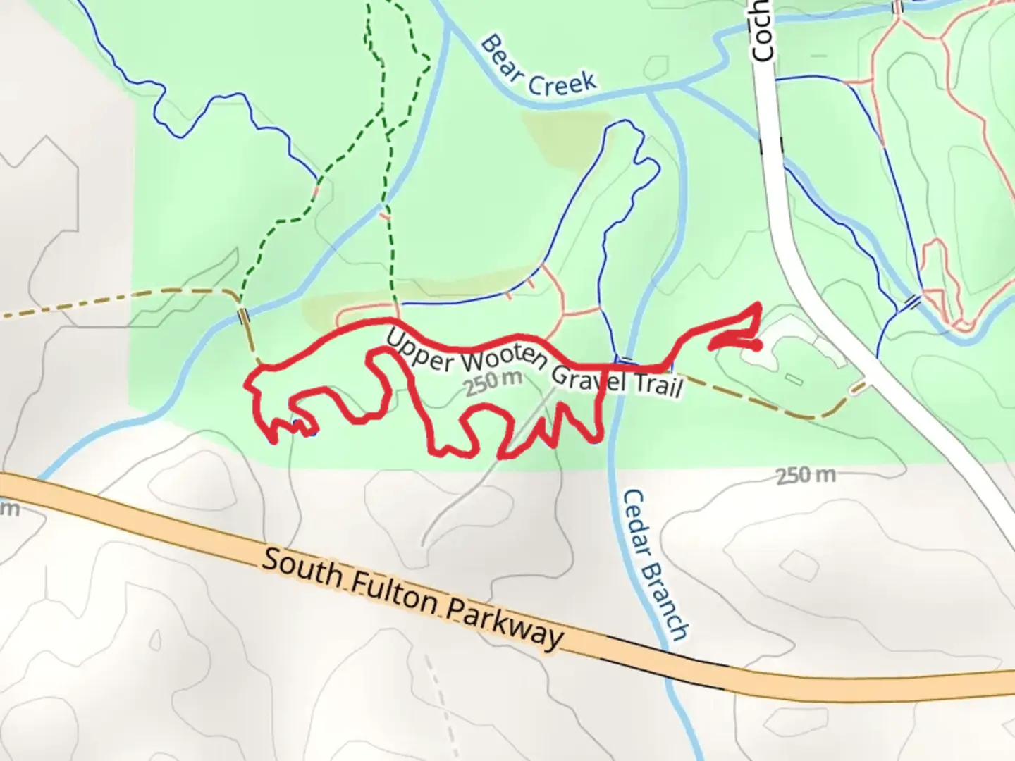 An image depicting the trail Pete's Single Track and Cedar Branch Loop and its surrounding area.