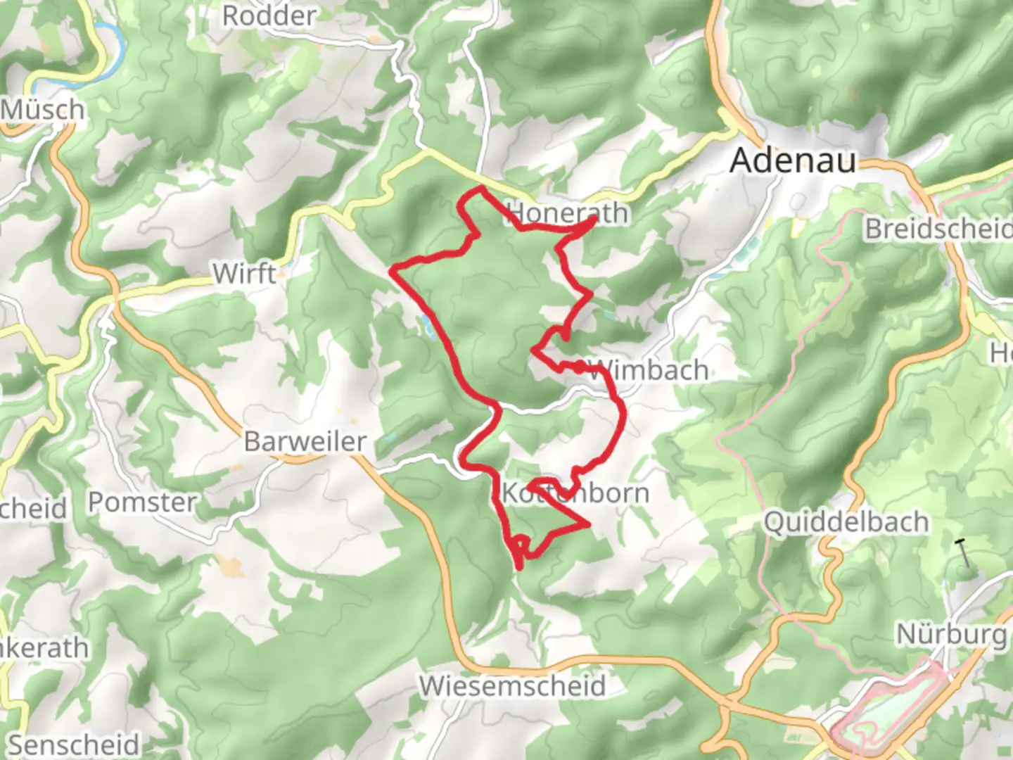 An image depicting the trail Wirftbach via Auf den Spuren der Ordensritter and its surrounding area.
