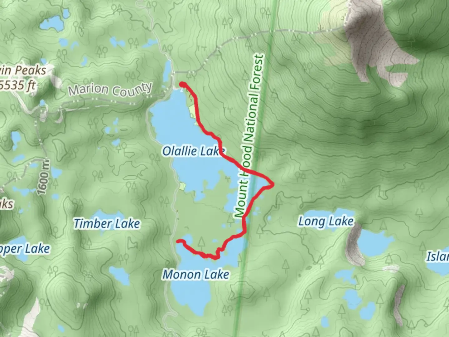 An image depicting the trail Monon Lake via Olallie Lake Trail and its surrounding area.