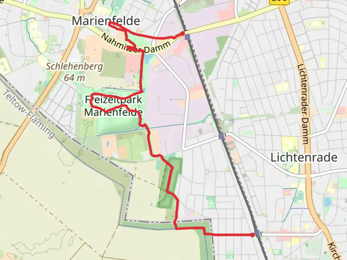 An image depicting the trail Lichtenrade to Buckower Chaussee Walk via Freizeitpark Marienfelde and its surrounding area.