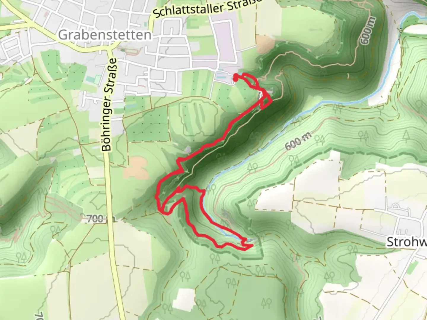 An image depicting the trail Gustav-Jakob-Höhle, Ruine Hofen and Lettenhohe Loop and its surrounding area.