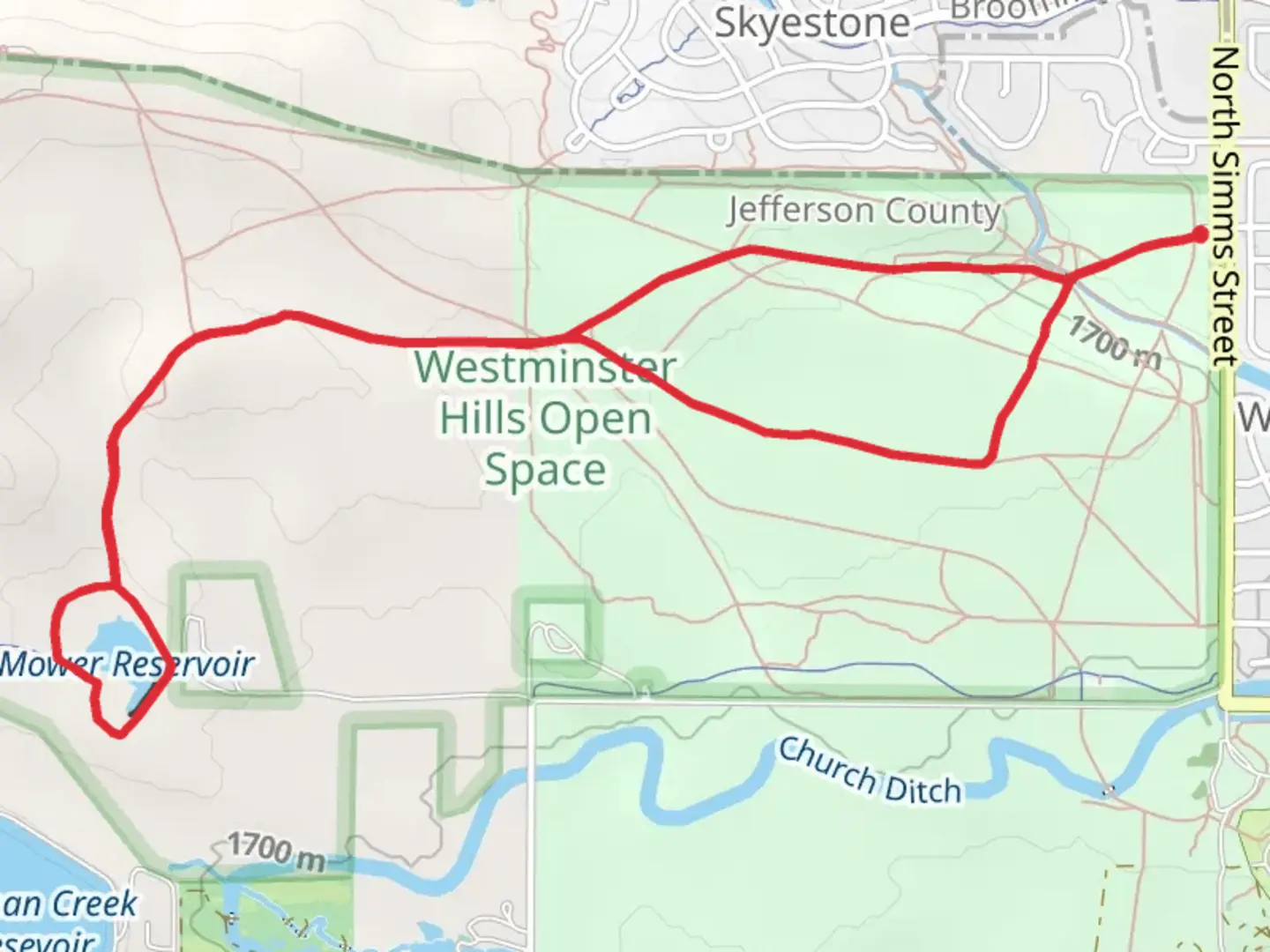 An image depicting the trail Mower Reservoir and Westminster Hills Trail Loop and its surrounding area.
