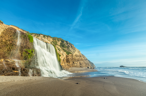 An image depicting the trail Alamere Falls via Bear Valley Trail and its surrounding area.
