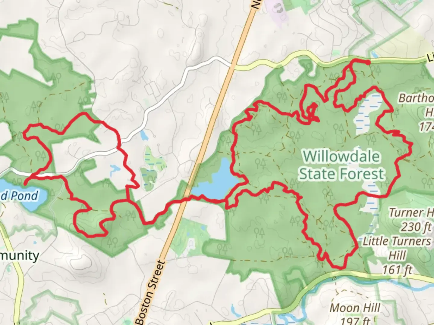An image depicting the trail Hood Pond and Willowdale State Forest Loop and its surrounding area.