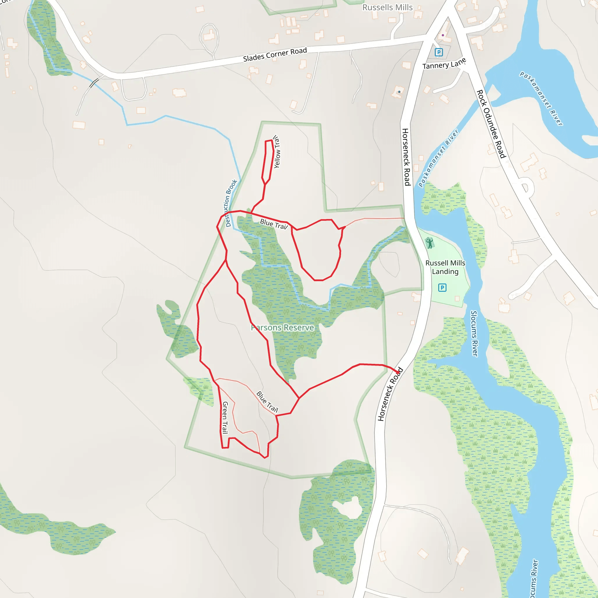 Green, Blue and Yellow Trail Loop from Horseneck Road mobile static map