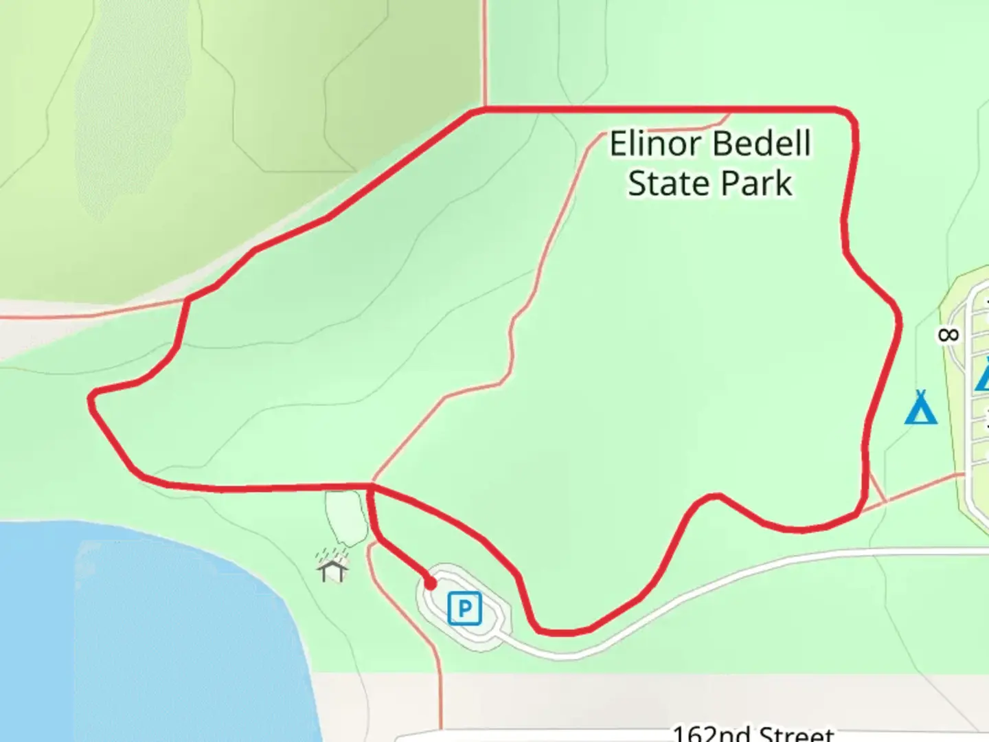 An image depicting the trail Elinor Bedell State Park Loop and its surrounding area.