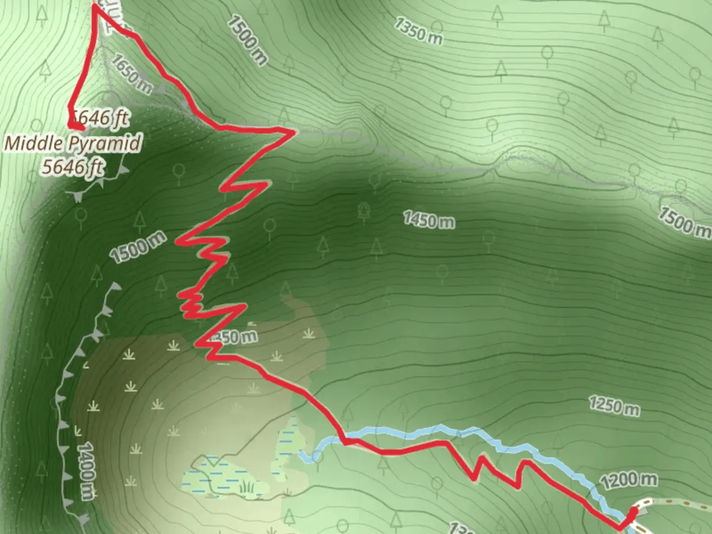 An image depicting the trail Pyramids Trail and its surrounding area.