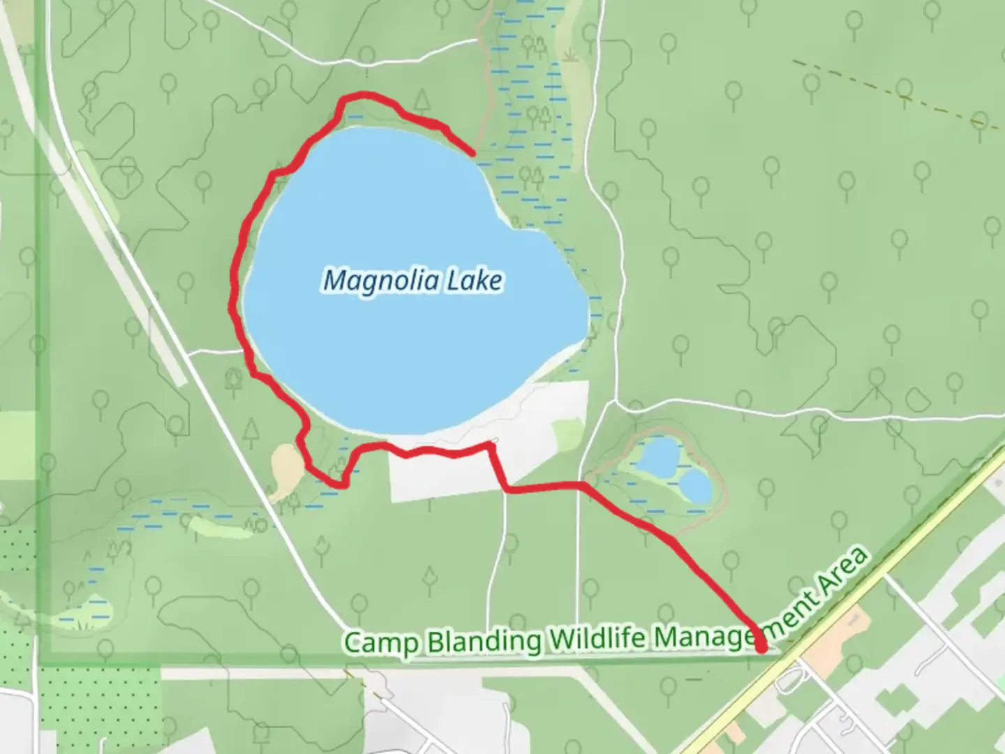 An image depicting the trail Magnolia Lake from Treat Road and its surrounding area.