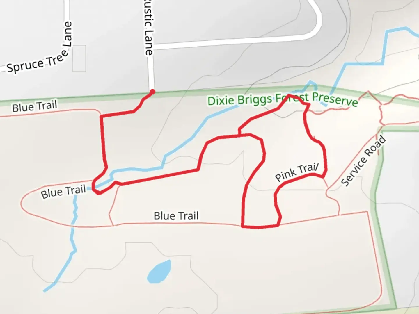 An image depicting the trail Red Trail, Brown Trail and Pink Loop Trail and its surrounding area.
