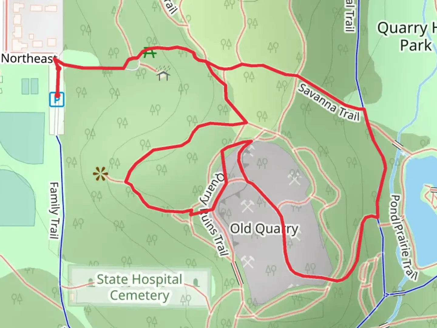 An image depicting the trail Savanna and Quarry Ruins Loop Trail and its surrounding area.