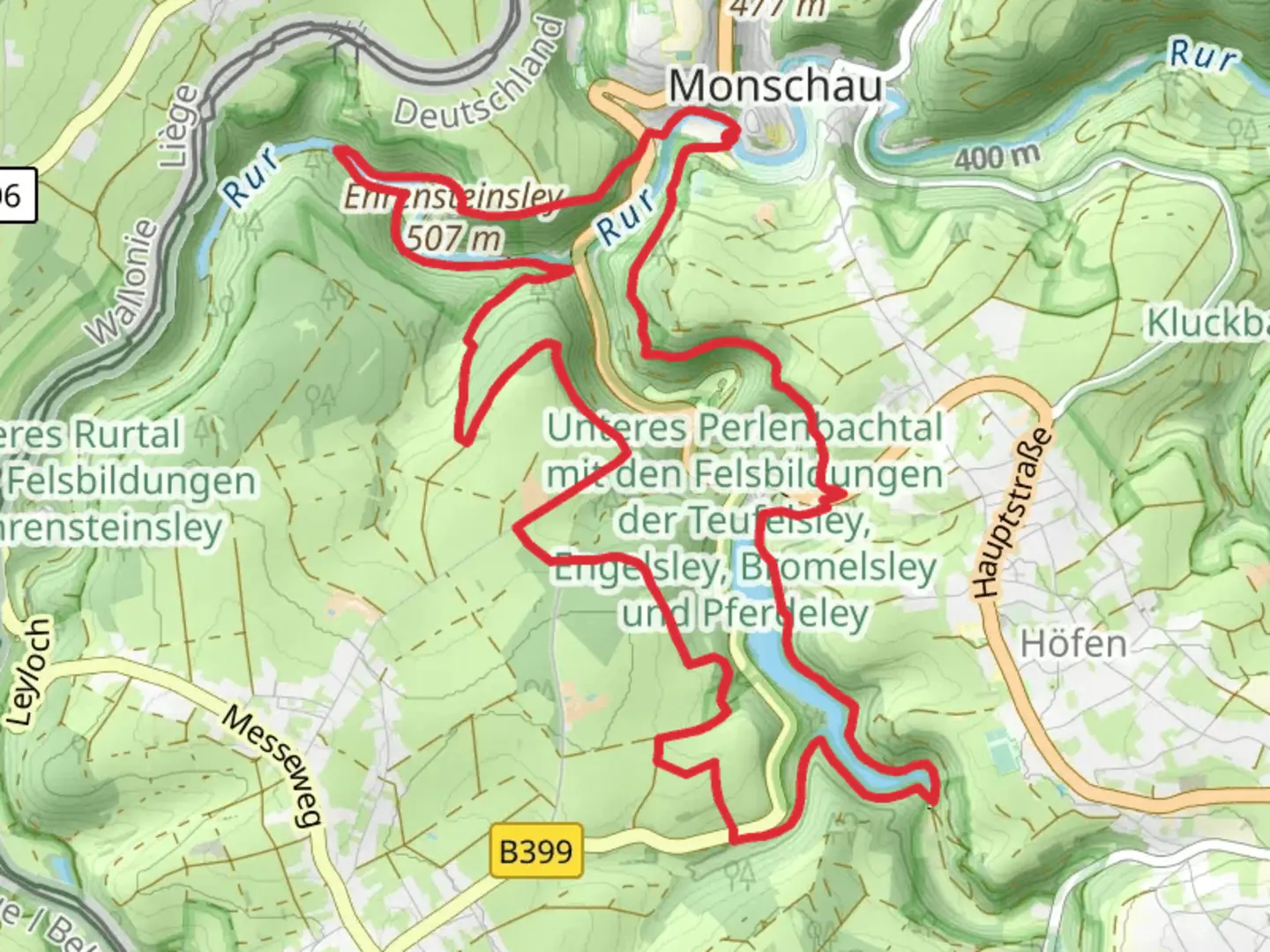 An image depicting the trail Perlenbachtalsperre via Klisterroute and its surrounding area.