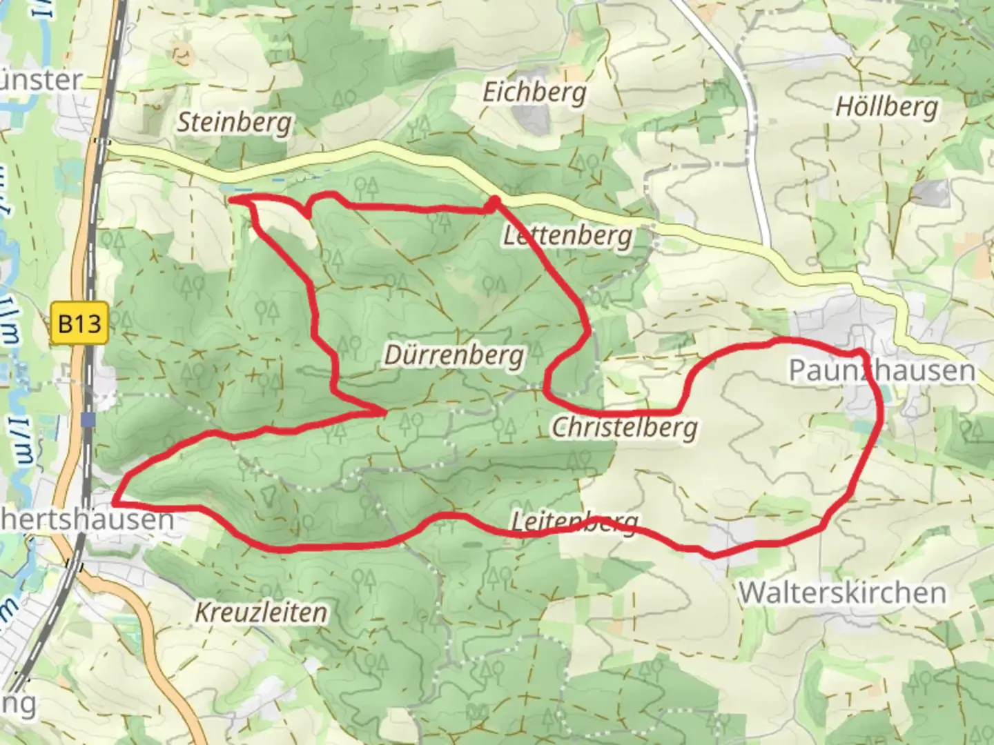 An image depicting the trail Gemeinden Wege and Ilmmuensterer Wege and its surrounding area.