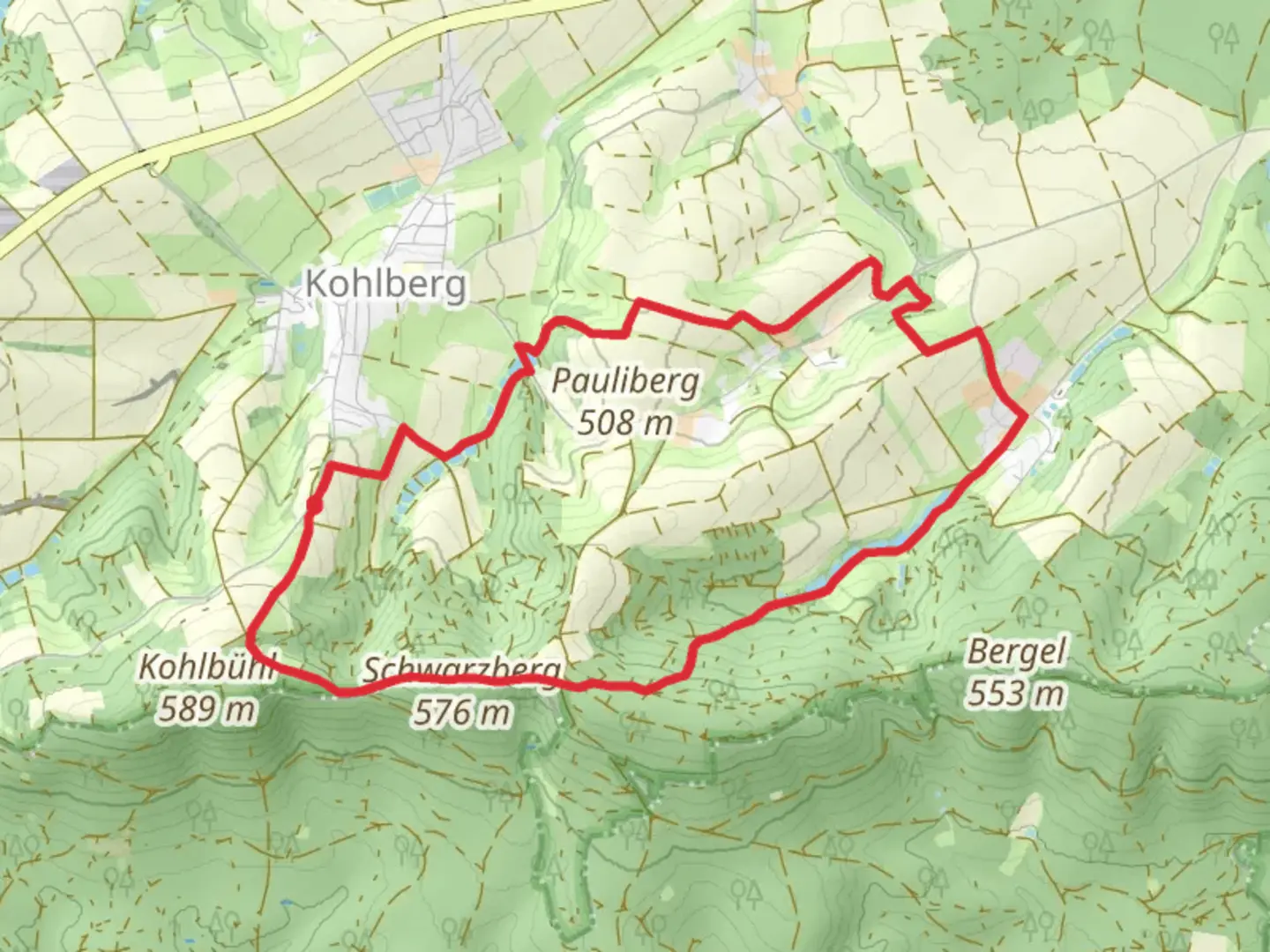 An image depicting the trail Klingenbach via Wanderweg 1 and 2 and its surrounding area.