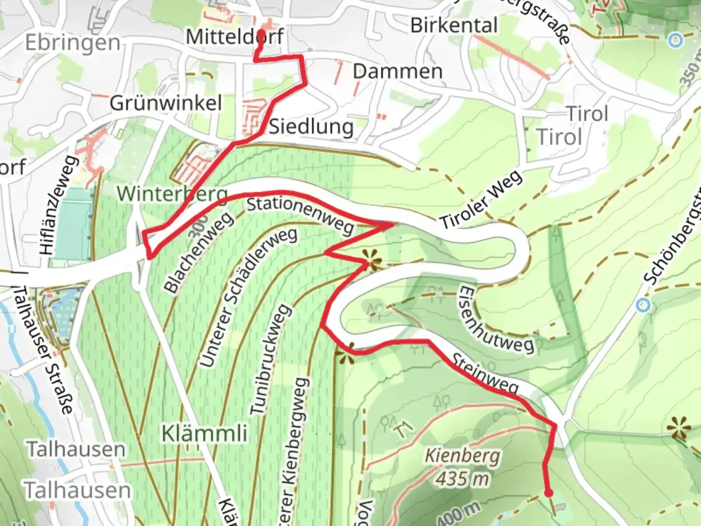 An image depicting the trail Flurkreuz and Schagge Chriz via Stationenweg and Steinweg and its surrounding area.