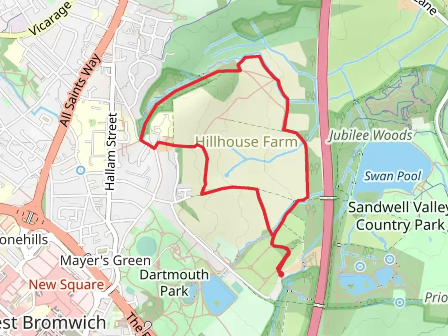 An image depicting the trail Sandwell Valley Country Park Loop and its surrounding area.
