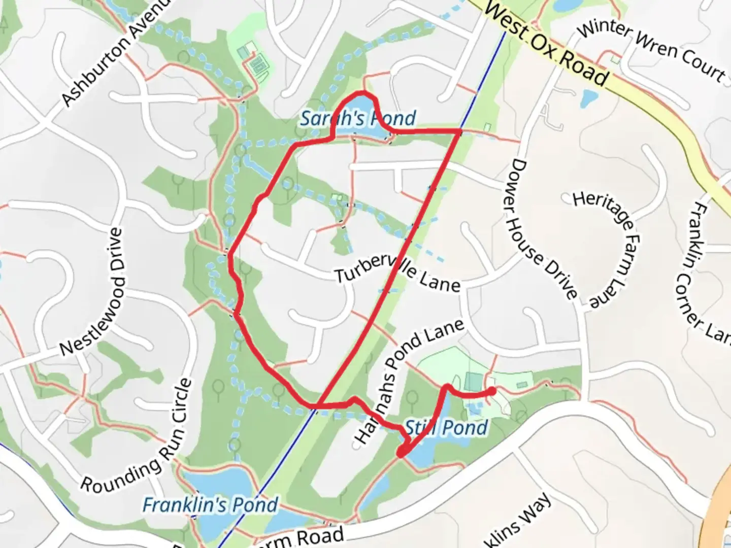 An image depicting the trail Four Ponds, Fox Den and Sarah's Pond Loop Trail and its surrounding area.