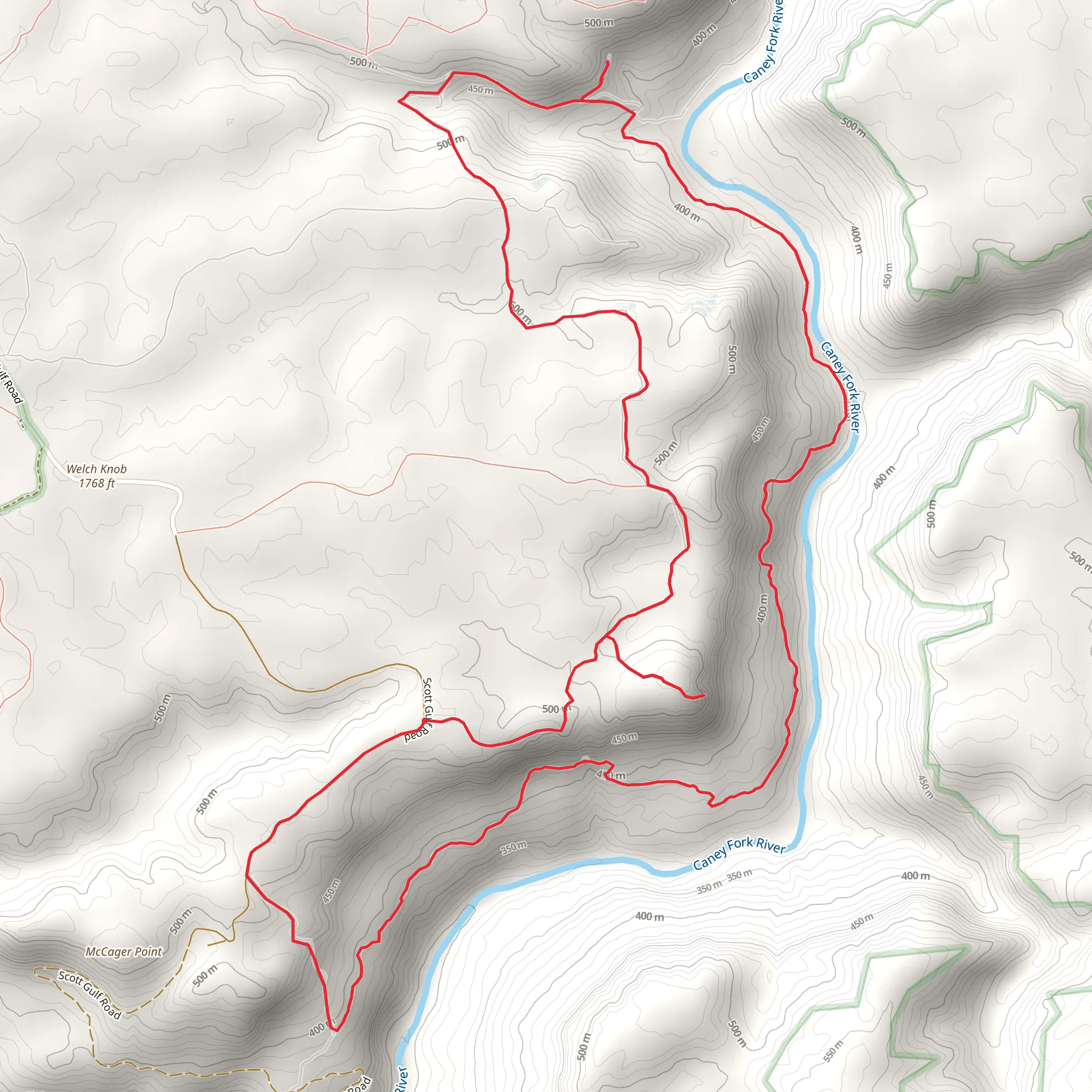 Caney Fork River, and Yellow Bluff Loop Trail mobile static map