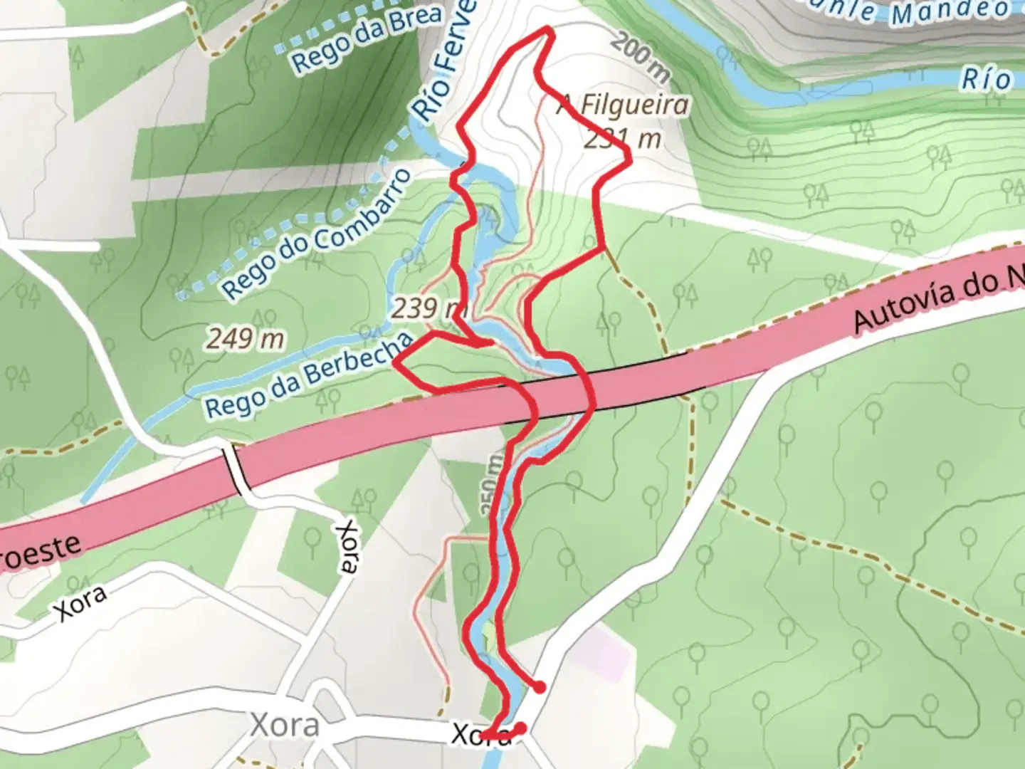 An image depicting the trail PR-G 35 O Río dos Dous Nomes and its surrounding area.