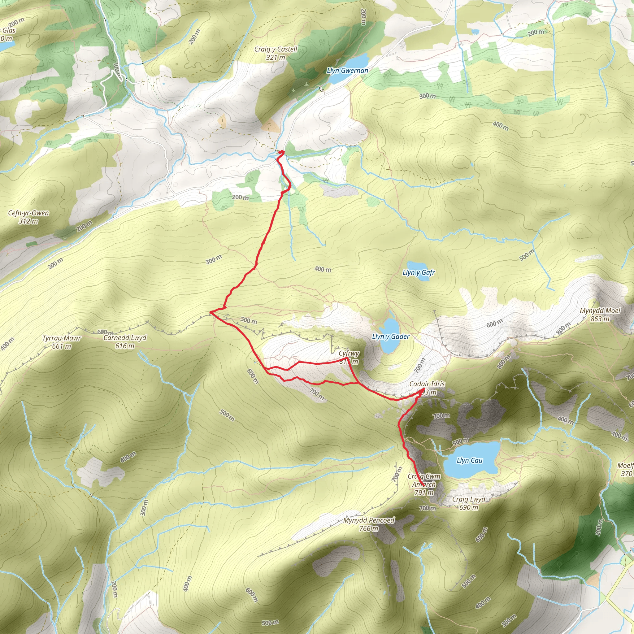 Cadair Idris - Craig Cau and Cyfrwy by the Pony Path mobile static map
