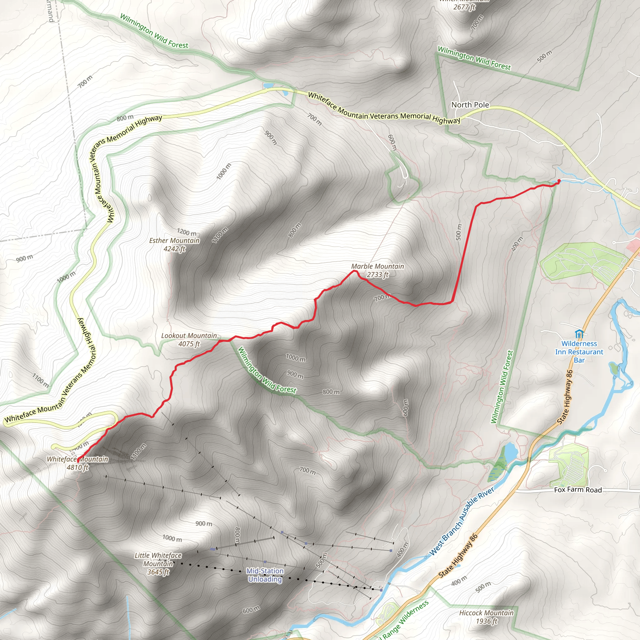 Marble, Lookout and Whiteface Mountain via Wilmington Trail mobile static map