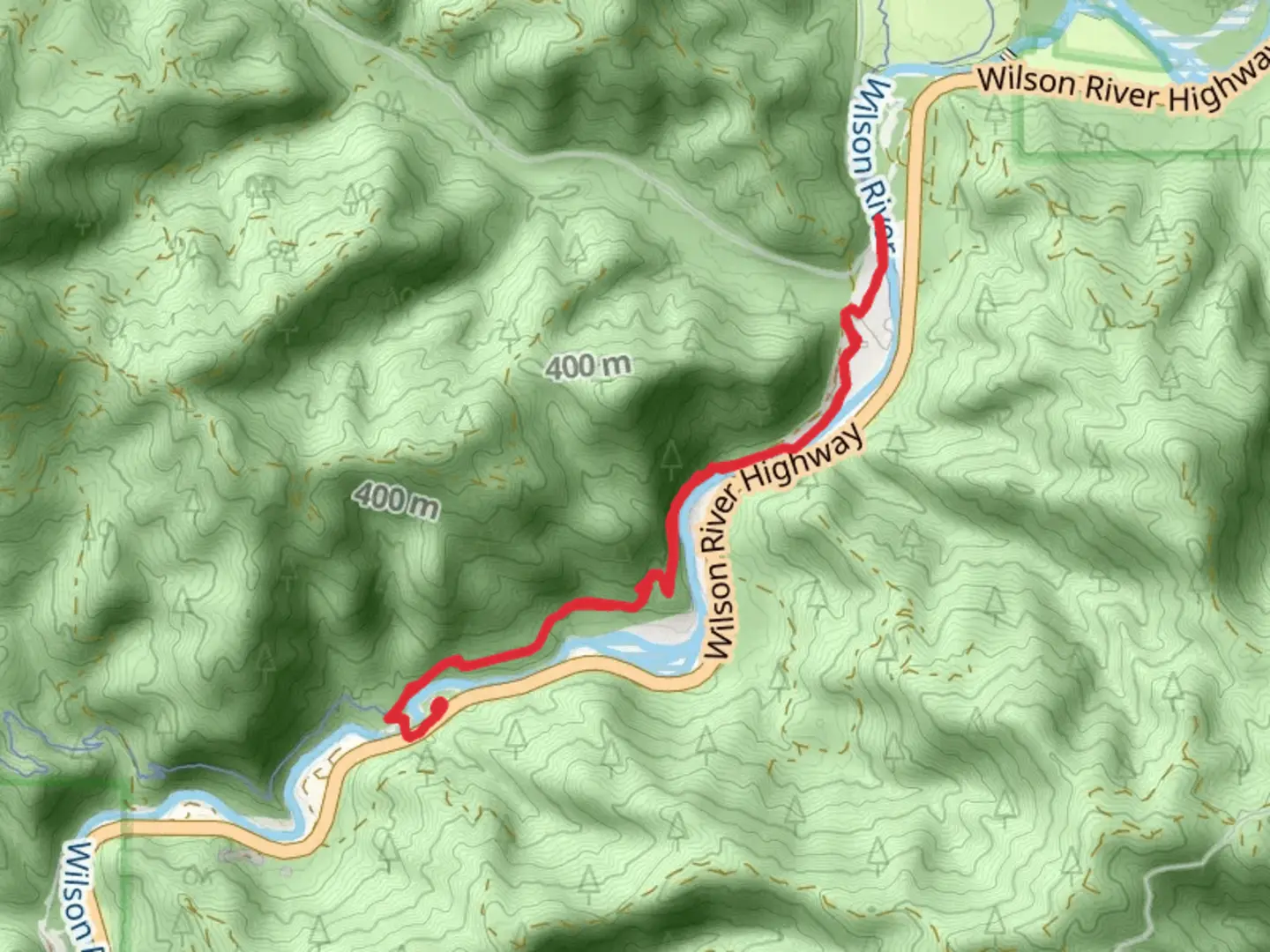 An image depicting the trail Wilson River Trail from Wilson River Highway and its surrounding area.