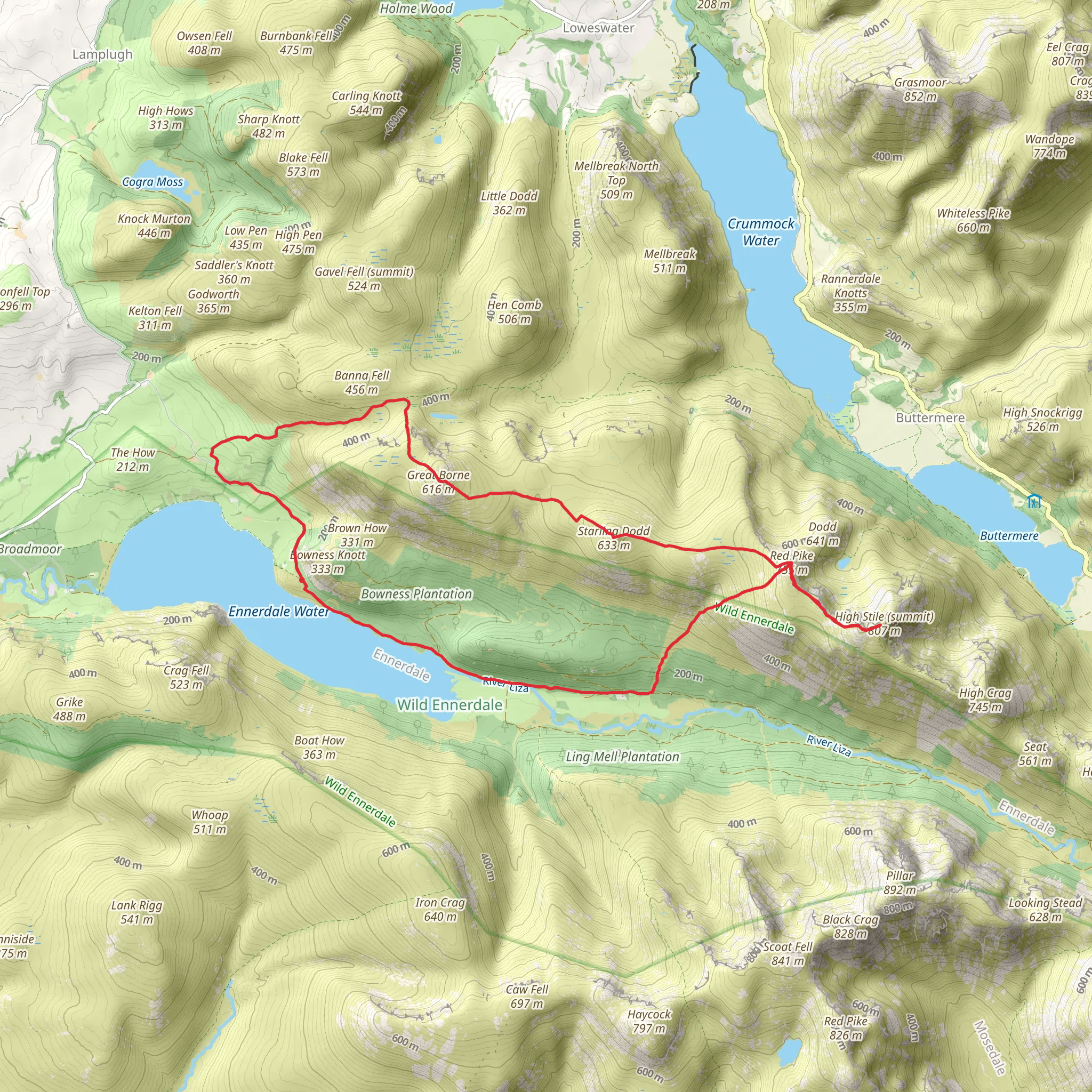 Great Borne, Starling Dodd and High Sile Loop from Ennerdale Water mobile static map